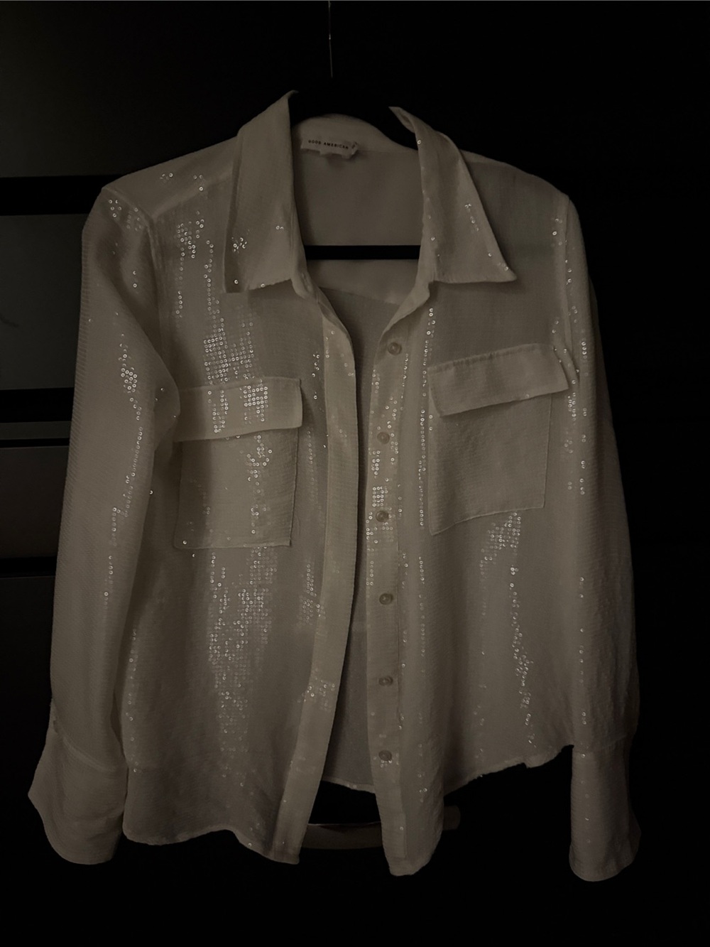 Good American White Sequin Button-Down Shirt Jacket
